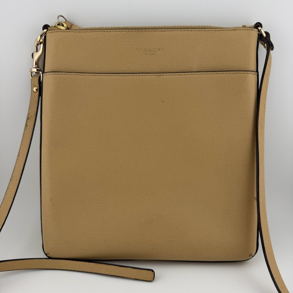 Coach Womens Crossgrain Leather Crossbody Bag Tan Gold Hardware Minimalist Bag